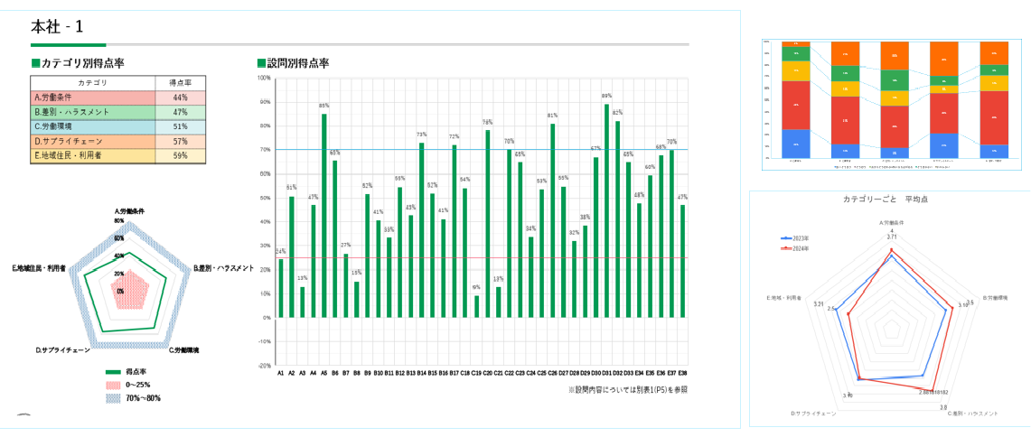 人権サービス：人権機能評価の基本的な流れ 事前アンケート調査、現地調査、報告書の発行。報告書データはCSR報告書への公開等、表明に利用可能